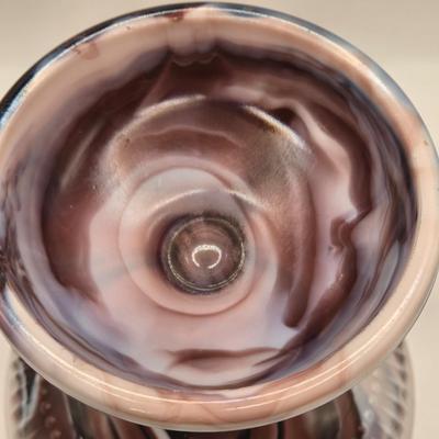 LOT 16L: Purple Slag Glass Pedestal Bowl and Two Spill Vases