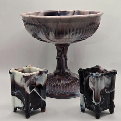LOT 16L: Purple Slag Glass Pedestal Bowl and Two Spill Vases