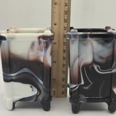 LOT 16L: Purple Slag Glass Pedestal Bowl and Two Spill Vases