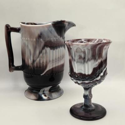 LOT 17L: Slag Glass Pitcher and Goblet
