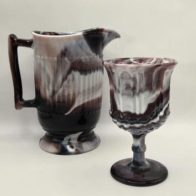 LOT 17L: Slag Glass Pitcher and Goblet