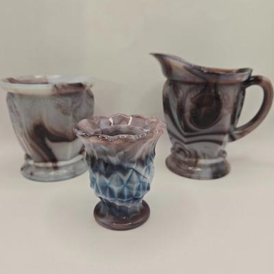LOT 19L: Purple Slag Creamer & Sugar and Votive Candle/Toothpick Holder