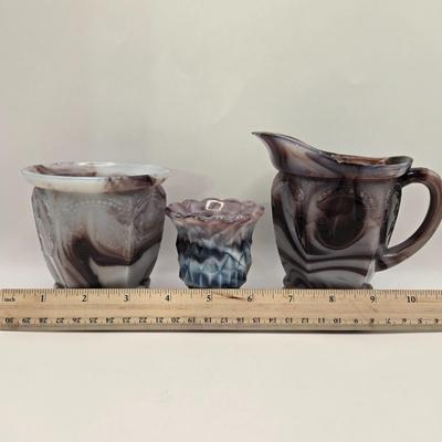 LOT 19L: Purple Slag Creamer & Sugar and Votive Candle/Toothpick Holder