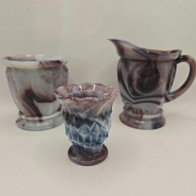 LOT 19L: Purple Slag Creamer & Sugar and Votive Candle/Toothpick Holder