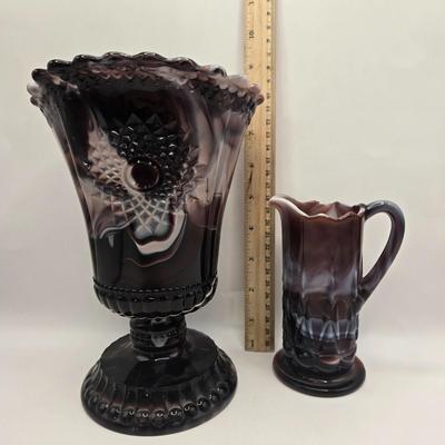 LOT 20L: Vintage Purple Slag Glass Vase and Small Pitcher/Creamer