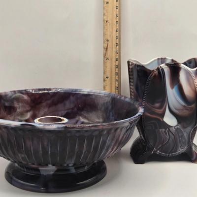 LOT 21L: Victorian Purple Slag Glass Spill Vase and Bowl