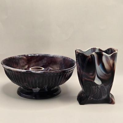 LOT 21L: Victorian Purple Slag Glass Spill Vase and Bowl