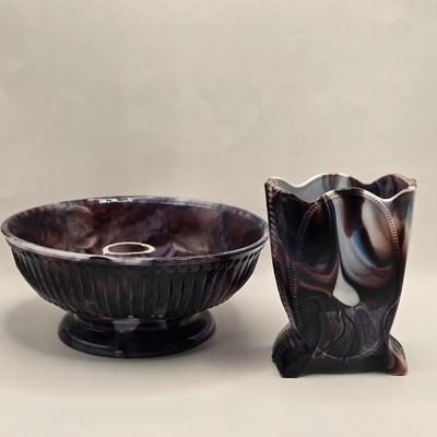 LOT 21L: Victorian Purple Slag Glass Spill Vase and Bowl
