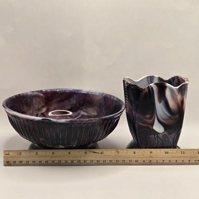 LOT 21L: Victorian Purple Slag Glass Spill Vase and Bowl