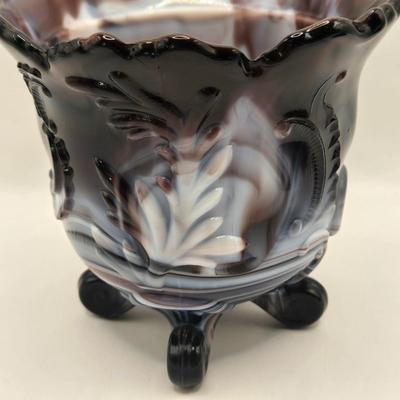 LOT 22L: Purple Slag Imperial Glass Footed Sugar Bowl with Lid and Slag Glass Creamer