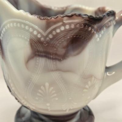 LOT 22L: Purple Slag Imperial Glass Footed Sugar Bowl with Lid and Slag Glass Creamer
