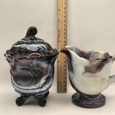 LOT 22L: Purple Slag Imperial Glass Footed Sugar Bowl with Lid and Slag Glass Creamer