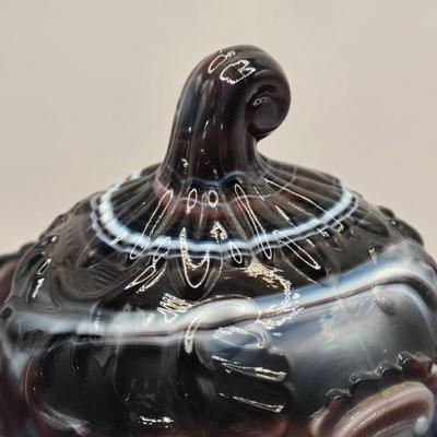 LOT 22L: Purple Slag Imperial Glass Footed Sugar Bowl with Lid and Slag Glass Creamer