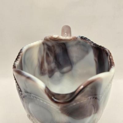LOT 22L: Purple Slag Imperial Glass Footed Sugar Bowl with Lid and Slag Glass Creamer