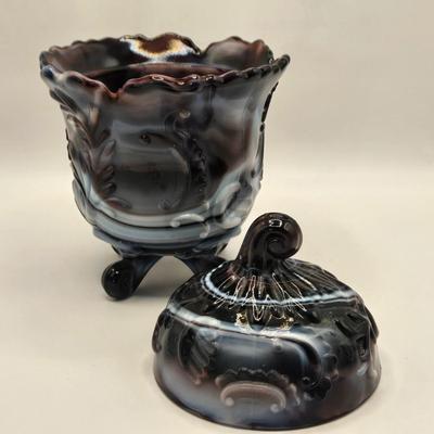 LOT 22L: Purple Slag Imperial Glass Footed Sugar Bowl with Lid and Slag Glass Creamer