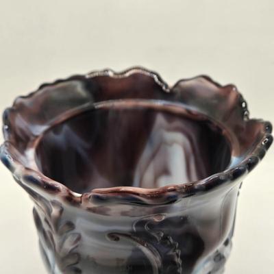 LOT 22L: Purple Slag Imperial Glass Footed Sugar Bowl with Lid and Slag Glass Creamer