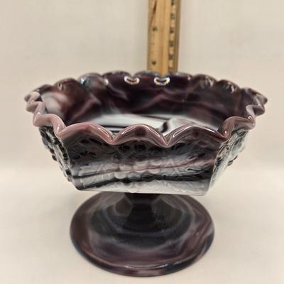 LOT 23L: Purple Imperial Slag Glass Hobnail Bowl and Grapevine Pedestal Bowl