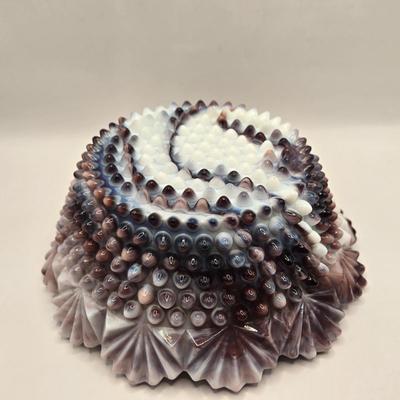 LOT 23L: Purple Imperial Slag Glass Hobnail Bowl and Grapevine Pedestal Bowl