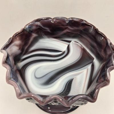 LOT 23L: Purple Imperial Slag Glass Hobnail Bowl and Grapevine Pedestal Bowl