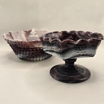 LOT 23L: Purple Imperial Slag Glass Hobnail Bowl and Grapevine Pedestal Bowl