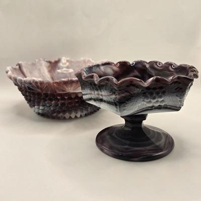 LOT 23L: Purple Imperial Slag Glass Hobnail Bowl and Grapevine Pedestal Bowl