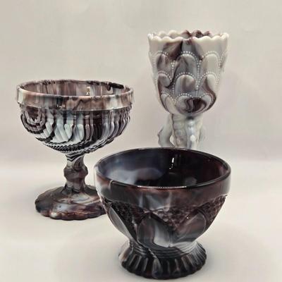 LOT 24L: Vintage Slag Glass Goblet, Pedestal Bowl, and Candy Dish