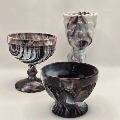 LOT 24L: Vintage Slag Glass Goblet, Pedestal Bowl, and Candy Dish