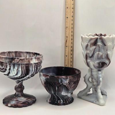 LOT 24L: Vintage Slag Glass Goblet, Pedestal Bowl, and Candy Dish