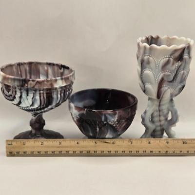 LOT 24L: Vintage Slag Glass Goblet, Pedestal Bowl, and Candy Dish