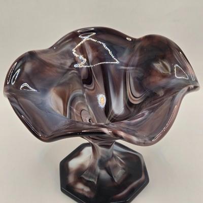 LOT 25L: Two Vintage Slag Candy Dishes with Ruffled Edges and Pedestal Bases, Round Candy Dish , and Two Toothpick Holders