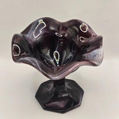 LOT 25L: Two Vintage Slag Candy Dishes with Ruffled Edges and Pedestal Bases, Round Candy Dish , and Two Toothpick Holders