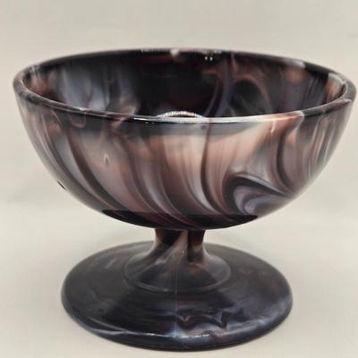 LOT 25L: Two Vintage Slag Candy Dishes with Ruffled Edges and Pedestal Bases, Round Candy Dish , and Two Toothpick Holders