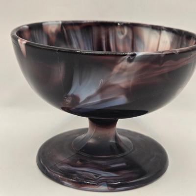 LOT 25L: Two Vintage Slag Candy Dishes with Ruffled Edges and Pedestal Bases, Round Candy Dish , and Two Toothpick Holders