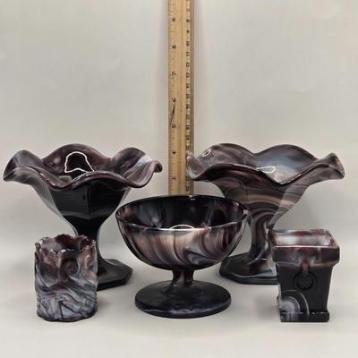 LOT 25L: Two Vintage Slag Candy Dishes with Ruffled Edges and Pedestal Bases, Round Candy Dish , and Two Toothpick Holders