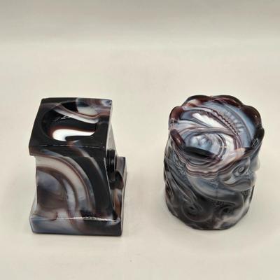 LOT 25L: Two Vintage Slag Candy Dishes with Ruffled Edges and Pedestal Bases, Round Candy Dish , and Two Toothpick Holders