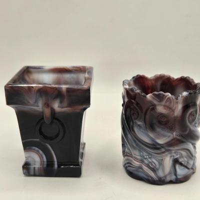 LOT 25L: Two Vintage Slag Candy Dishes with Ruffled Edges and Pedestal Bases, Round Candy Dish , and Two Toothpick Holders