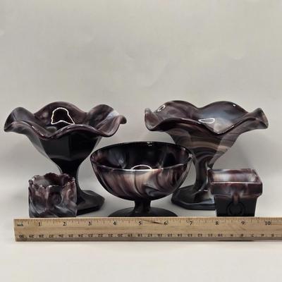LOT 25L: Two Vintage Slag Candy Dishes with Ruffled Edges and Pedestal Bases, Round Candy Dish , and Two Toothpick Holders