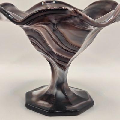 LOT 25L: Two Vintage Slag Candy Dishes with Ruffled Edges and Pedestal Bases, Round Candy Dish , and Two Toothpick Holders