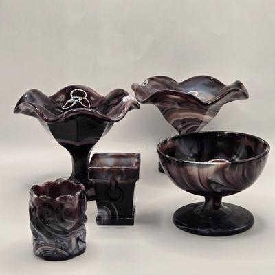 LOT 25L: Two Vintage Slag Candy Dishes with Ruffled Edges and Pedestal Bases, Round Candy Dish , and Two Toothpick Holders