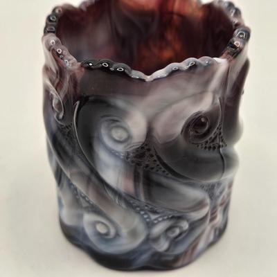 LOT 25L: Two Vintage Slag Candy Dishes with Ruffled Edges and Pedestal Bases, Round Candy Dish , and Two Toothpick Holders