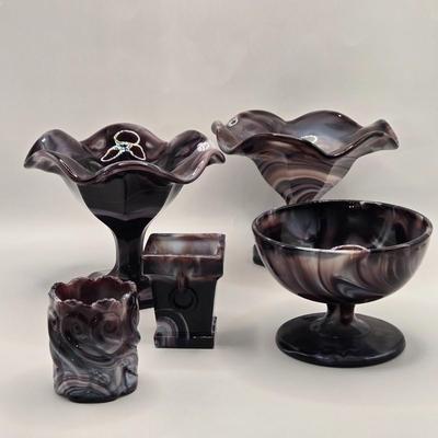 LOT 25L: Two Vintage Slag Candy Dishes with Ruffled Edges and Pedestal Bases, Round Candy Dish , and Two Toothpick Holders