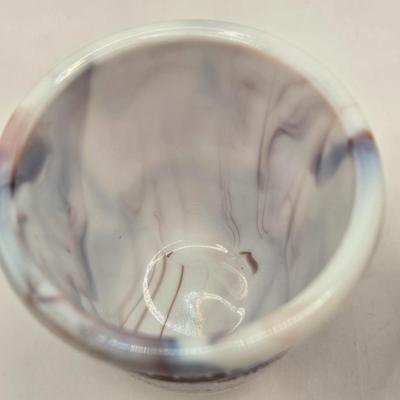 LOT 26L: Two Just a Thimble Full Purple Slag Shot/Jigger Glasses, and Small Pitcher/Creamer
