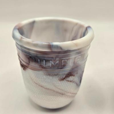LOT 26L: Two Just a Thimble Full Purple Slag Shot/Jigger Glasses, and Small Pitcher/Creamer