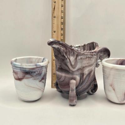 LOT 26L: Two Just a Thimble Full Purple Slag Shot/Jigger Glasses, and Small Pitcher/Creamer