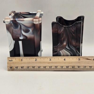 LOT 27L: Purple Slag Glass Cake Plate and Two Spill Vases