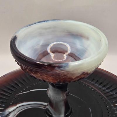 LOT 27L: Purple Slag Glass Cake Plate and Two Spill Vases
