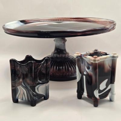 LOT 27L: Purple Slag Glass Cake Plate and Two Spill Vases