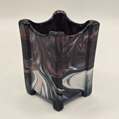 LOT 27L: Purple Slag Glass Cake Plate and Two Spill Vases