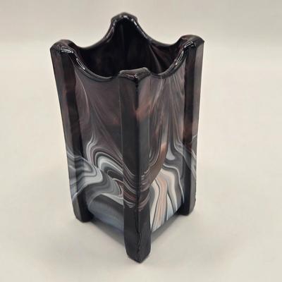 LOT 27L: Purple Slag Glass Cake Plate and Two Spill Vases