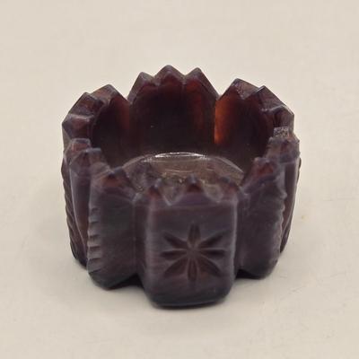 LOT 29L: Vintage Ruffled Edge Slag Glass Bowl and Three Salt Cellars